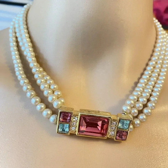 VTG 3 Strand Faux Pearl Gemstone Choker Necklace Party Formal Wedding Princess - Picture 8 of 12